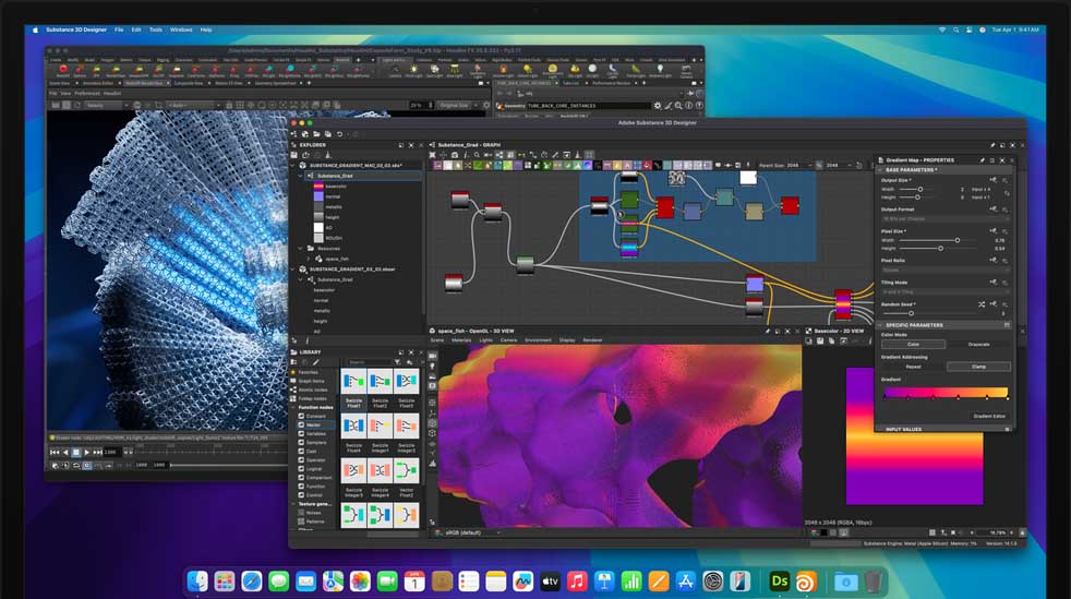 Tela com os apps Adobe Substance 3D Designer, Houdini e Redshift sendo usados para edi??o no Mac Studio com M4 Max.