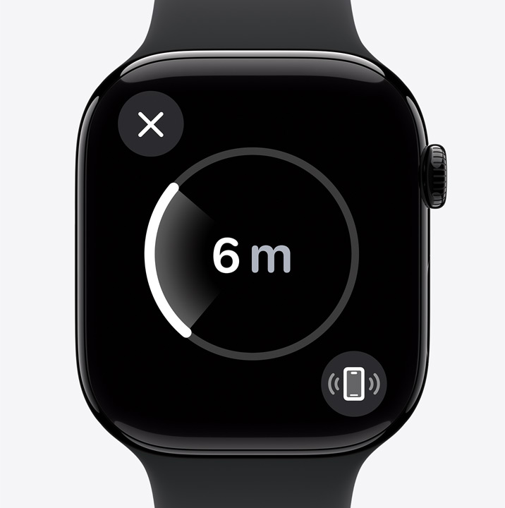 Ekran funkcji Znajdowanie dok?adne na Apple?Watch Series?10 pokazuje, ?e iPhone u?ytkownika zegarka znajduje si? w?odleg?o?ci 20?stóp.