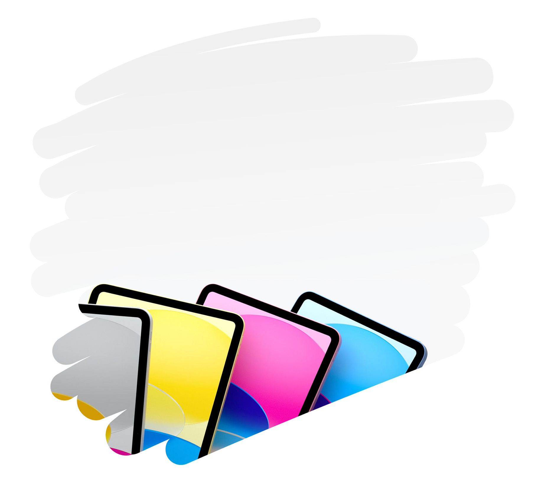Vários aparelhos iPad coloridos aparecem dentro de tra?os do Apple Pencil na página.