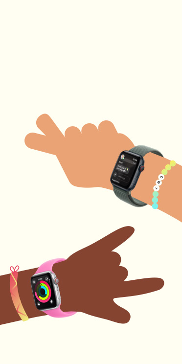 Ilustracja przedstawiaj?ca dwie dzieci?ce r?ce. Na ich nadgarstkach wida? Apple?Watch?SE.