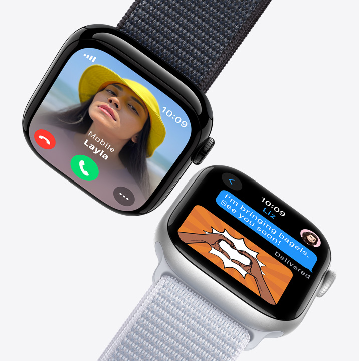 Dwa ekrany Apple?Watch. Pierwszy pokazuje po??czenie przychodz?ce. Drugi wy?wietla wiadomo?? tekstow?.