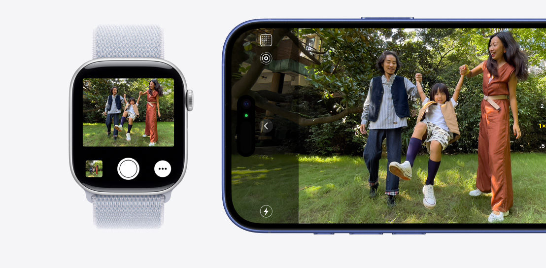 iPhone?16 podczas robienia zdj?cia. Apple?Watch Series?10 z?w??czon? aplikacj? Pilot aparatu, która wy?wietla obraz rejestrowany iPhonem?16.